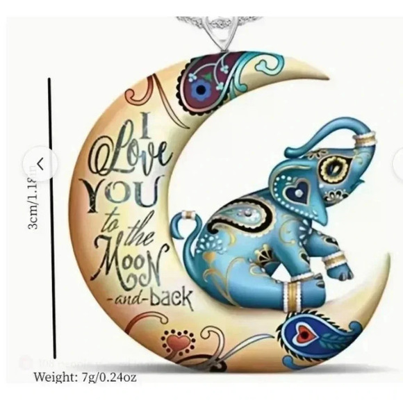 Kids Fancy Elephant on the Moon with Love Lettering Pendant Fashion Necklace - Picture 3 of 4